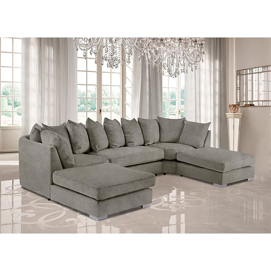 Boise U-Shape Plush Velour Fabric Corner Sofa In Putty