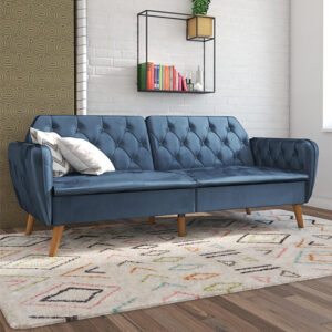 Taluka Memory Foam Velvet Sofa Bed With Wooden Legs In Blue