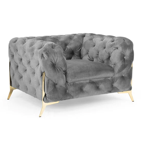 Cala Chesterfield Plush Velvet Armchair In Grey