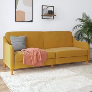 Jamaica Linen Fabric Sofa Bed With Wooden Legs In Mustard