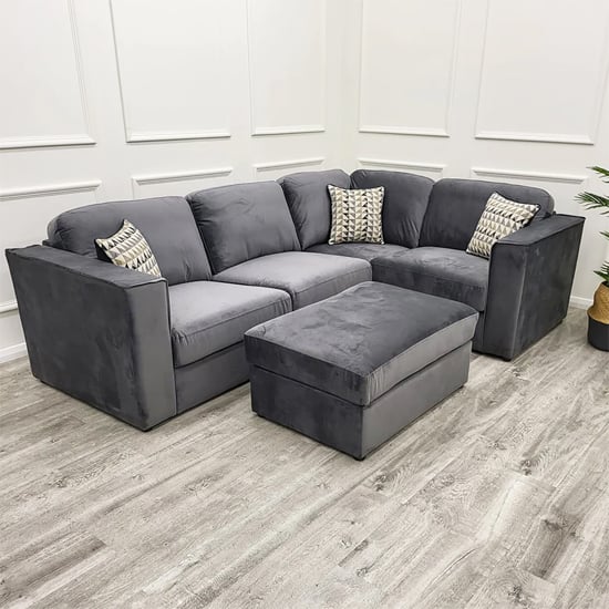 Hanley Velvet 4 Piece Corner Modular Sofa In Steel