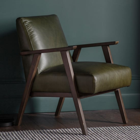 Neelan Leather Armchair With Wooden Frame In Heritage Green